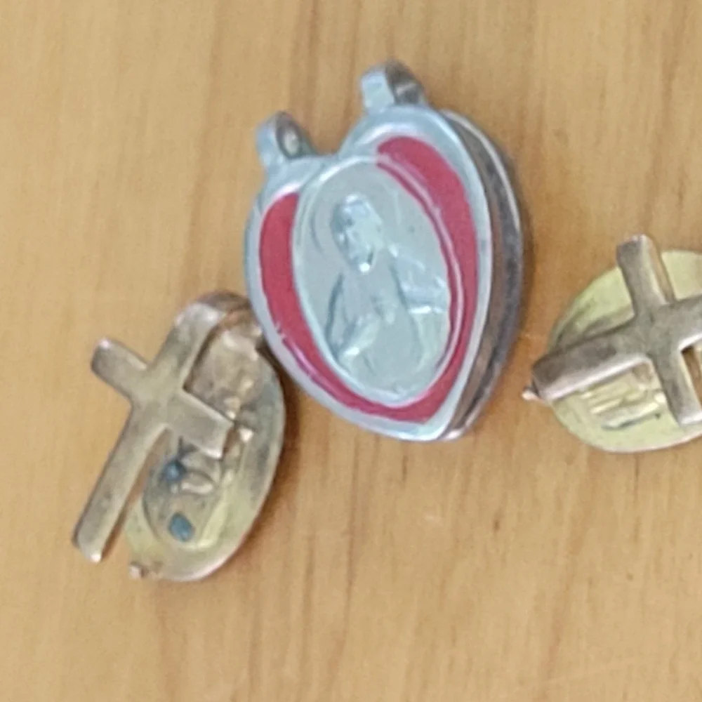 Vintage Religious Medal Charm Pin Lot Cross Saint Heart Pendant 3 Pcs